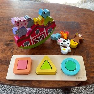 Bundle Wooden Toys- Balancing Farm + Lovevery Geo Shapes Puzzle